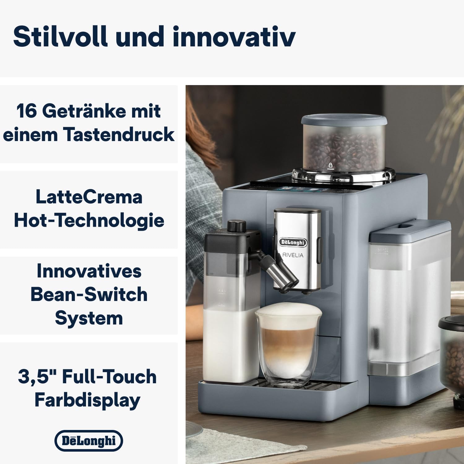 De'Longhi Rivelia EXAM440.55.W volautomatische espressomachine met LatteCrema-melksysteem, verwisselbaar bonenreservoir, 16 koffie- en melkdranken met één druk op de knop, Extra-Shot-functie, 3,5 inch touchscreen, wit