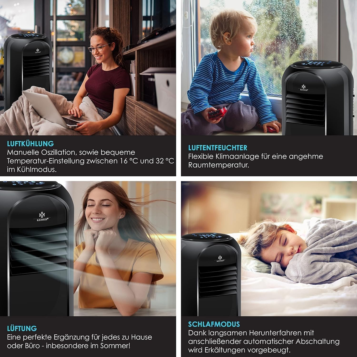 KESSER® Mobiele airconditioning Sky Tower 4-in-1 koelen, ontvochtigen, ventileren, ventilator - 9000 BTU/h (2.600 Watt) 2,7KW - Airco, afstandsbediening en timer, nachtmodus (EEK: D), Zwart