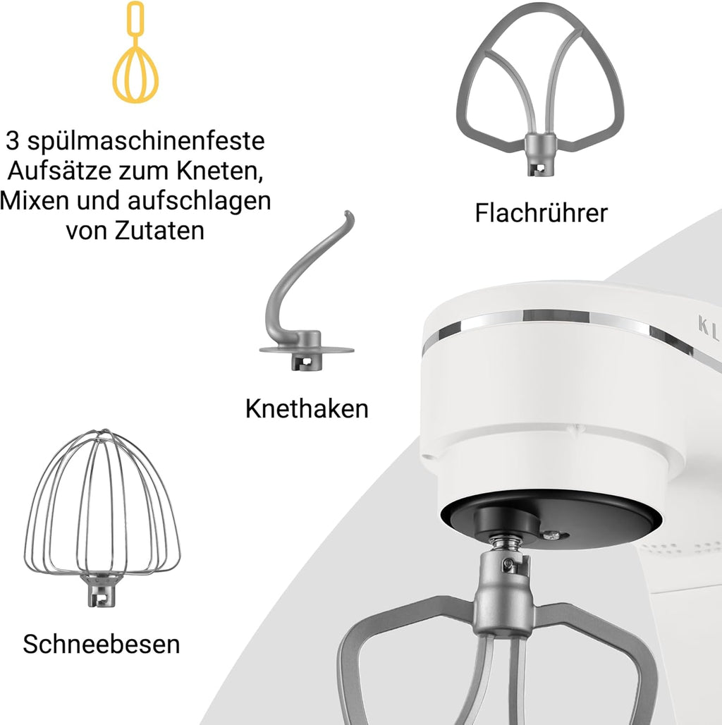 KLAMER Keukenmachine 1800W, Kneedmachine met 6 Liter RVS Kom, 10 Snelheidsstanden met Timer, Klopper, Deeghaak, Garde en Spatdeksel