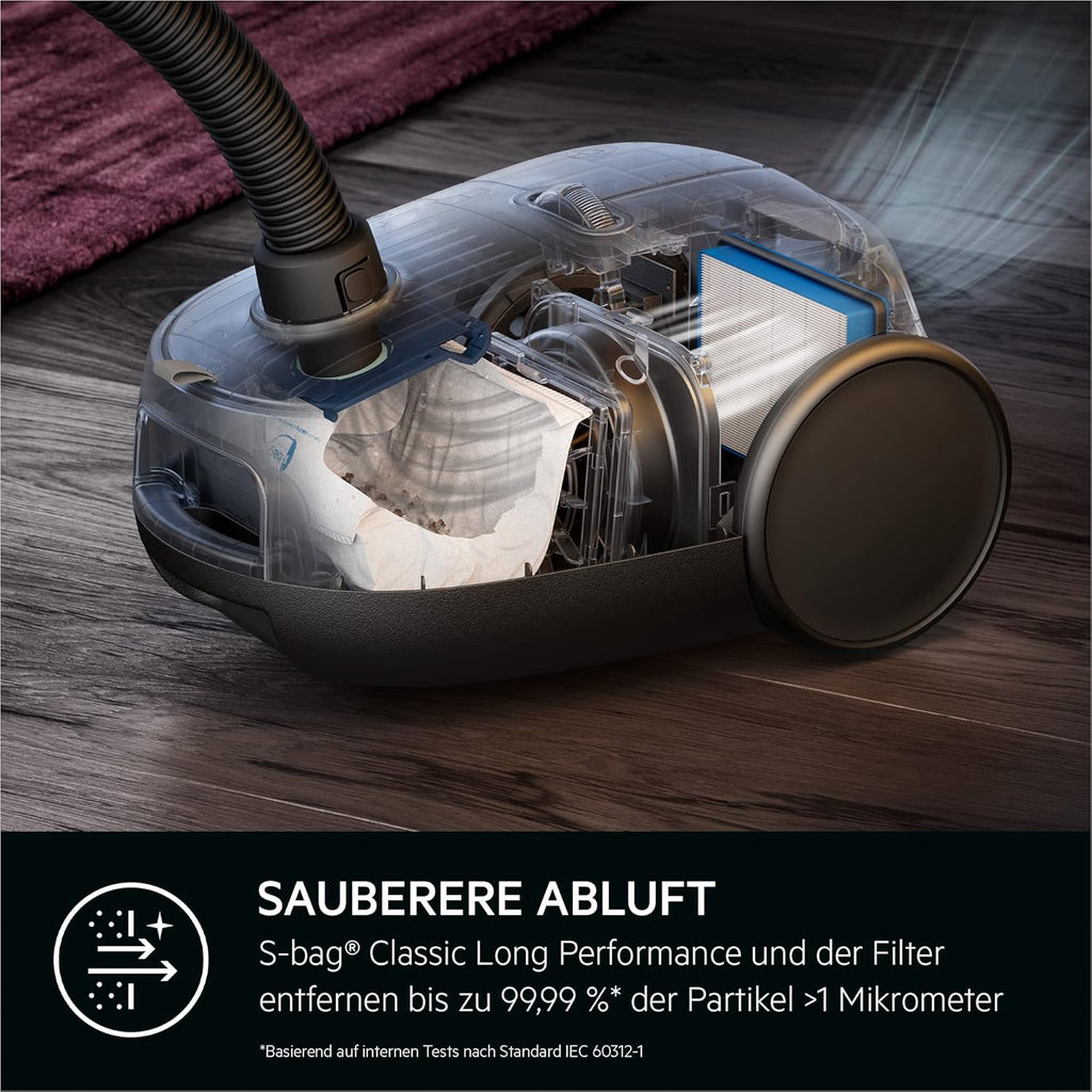 AEG CLEAN 6000 AB61C2DB stofzuiger met zak / hoge zuigkracht / incl. meubelmondstuk / 50% gerecycled plastic / ideaal voor huisdiereigenaren / reiniging van bekleding / 12 m snoer / 750 W / Blauw
