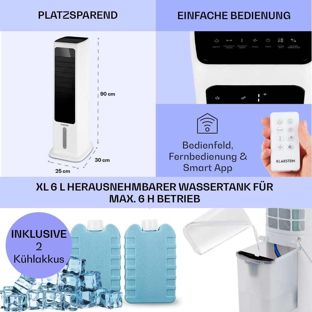 Klarstein Luchtkoeler met Waterkoeling, 5-in-1 Verdampingskoeler, Luchtbevochtiger, Ventilator & Luchtreiniger, Mobiele Airconditioner Luchtkoeler met App-Bediening, 80W Air Cooler, 462m³/h Luchtstroom, Wit