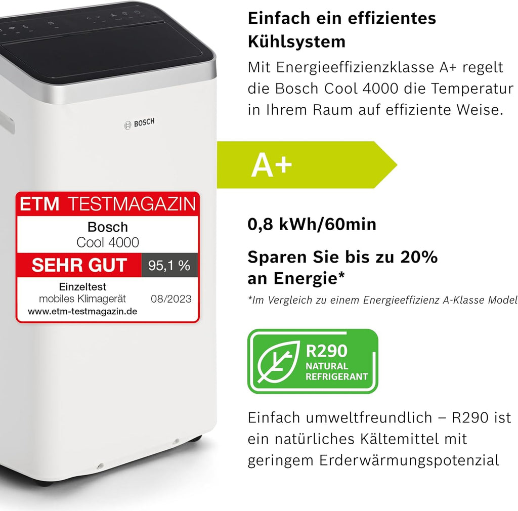 Bosch Cool 4000 Mobiele airconditioner - 3-in-1: Airconditioner, ontvochtiger, ventilator - 2,6 kW voor ruimtes tot 35 m² - Met automatische modus, stille modus & slaapmodus