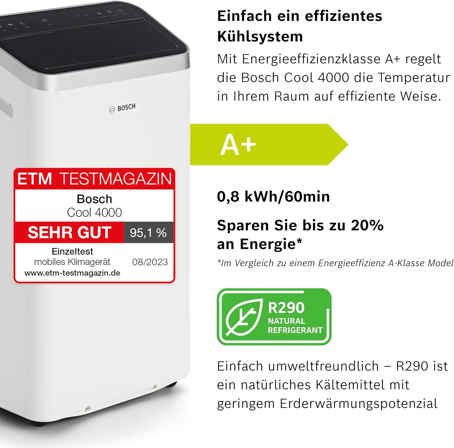 Bosch Cool 4000 Mobiele airconditioner - 3-in-1: Airconditioner, ontvochtiger, ventilator - 2,6 kW voor ruimtes tot 35 m² - Met automatische modus, stille modus & slaapmodus