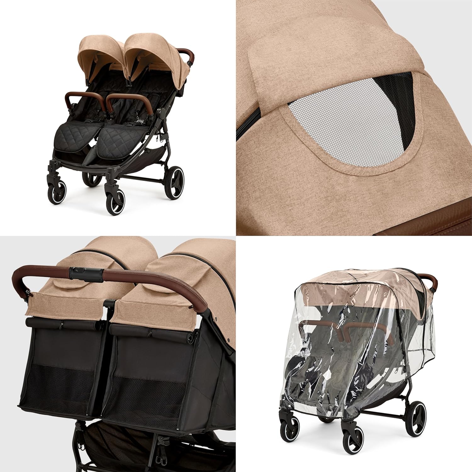 Venus Max Duo Buggy - geschikt vanaf de geboorte tot 15 kg (ongeveer 3 jaar), compacte, lichte, opvouwbare tweelingbuggy, inclusief regenhoes en voetenzak (Biscuit)