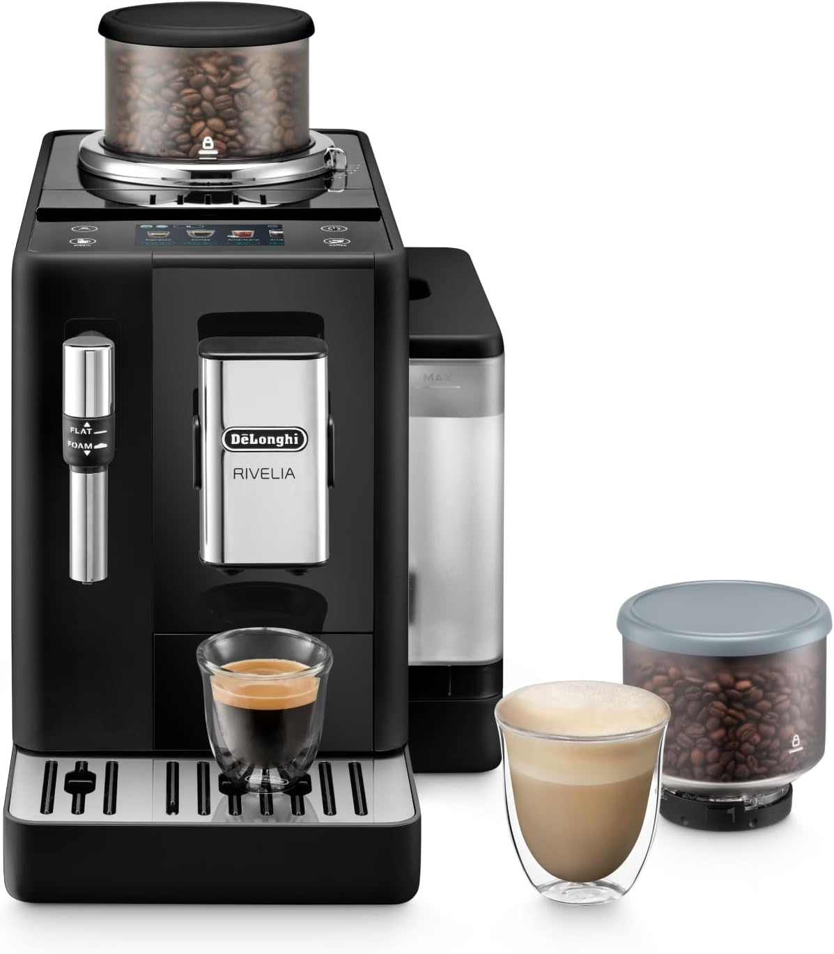 De'Longhi Rivelia EXAM440.55.W volautomatische espressomachine met LatteCrema-melksysteem, verwisselbaar bonenreservoir, 16 koffie- en melkdranken met één druk op de knop, Extra-Shot-functie, 3,5 inch touchscreen, wit