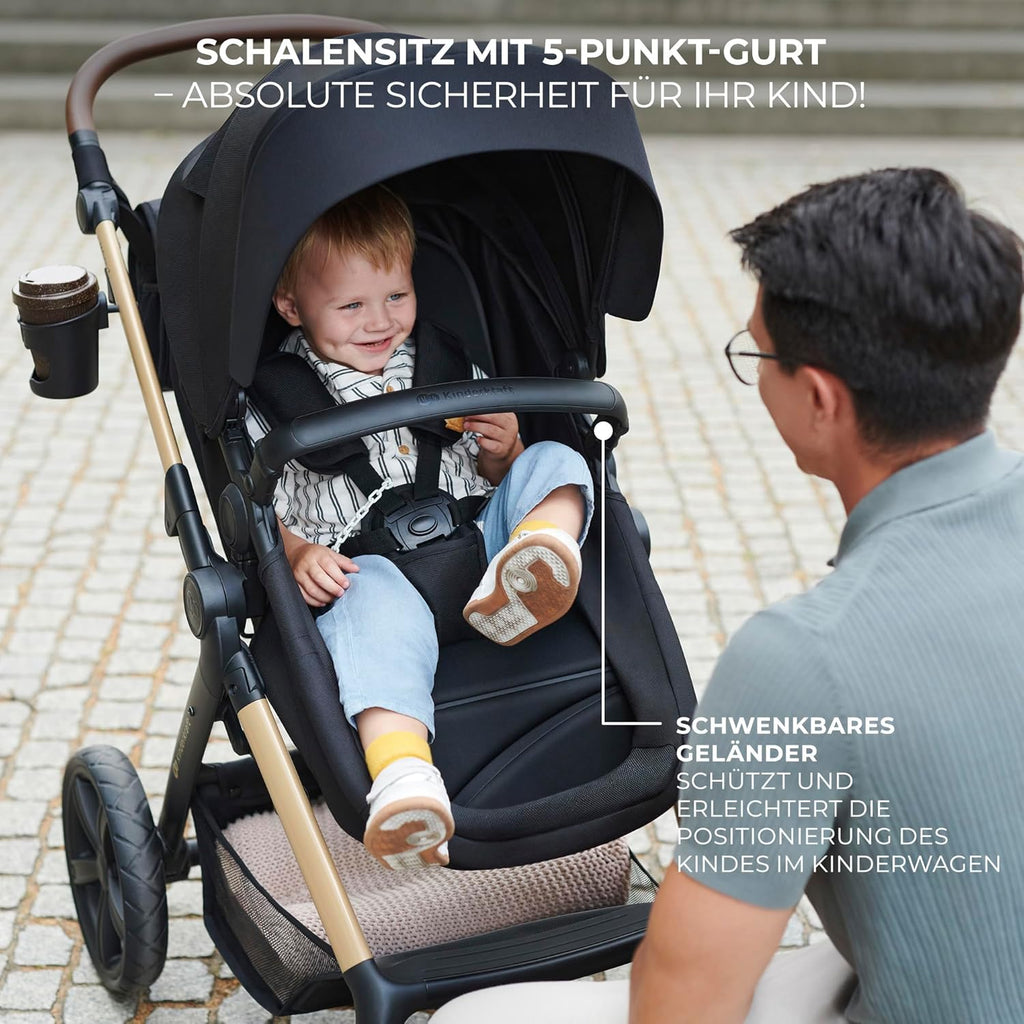 Kinderkraft MOOV2 AIR Kinderwagen 3 in 1 Kinderwagenset tot 26 kg met autostoel I-SIZE 40-75 cm, buggyfunctie, verstelbare ligstand, grote uitschuifbare kap, opblaasbare wielen, zwart