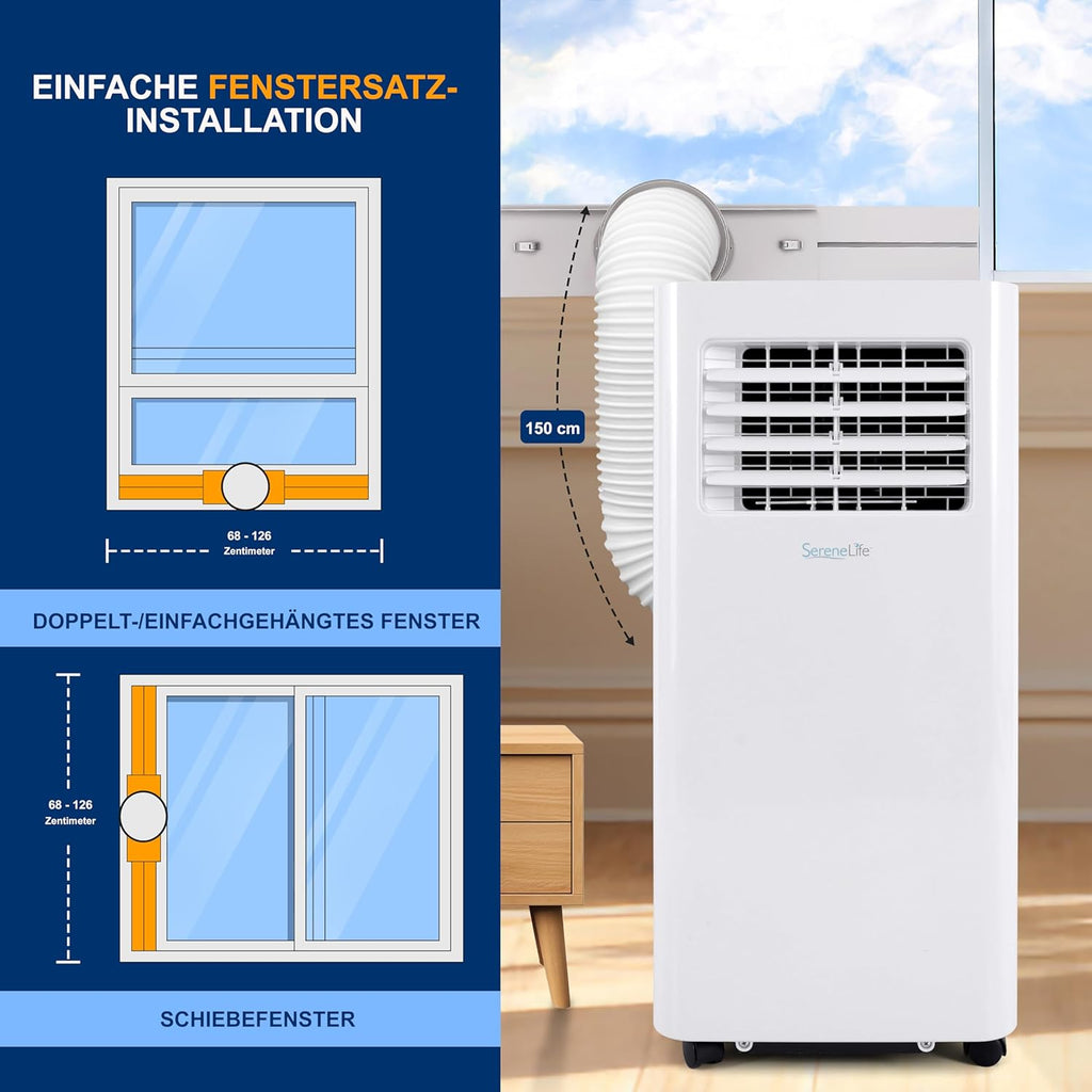 SereneLife 3-in-1 Mobiele Airconditioner met Afvoerslang – Klimaatregelaar als Luchtkoeler, Ventilator & Luchtontvochtiger – Mini Airco voor Ruimtes tot 28 m2 – Luchtkoeler voor Thuis & Kantoor 10.000 BTU