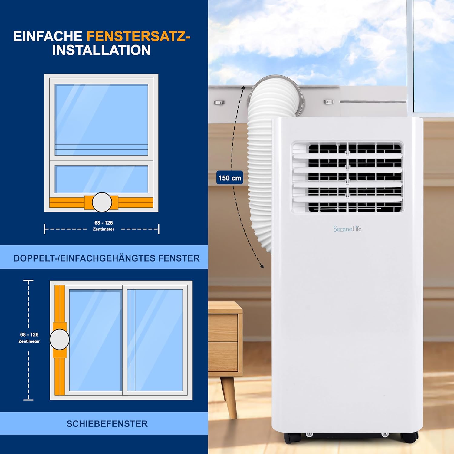 SereneLife 3-in-1 Mobiele Airconditioner met Afvoerslang – Klimaatregelaar als Luchtkoeler, Ventilator & Luchtontvochtiger – Mini Airco voor Ruimtes tot 28 m2 – Luchtkoeler voor Thuis & Kantoor 10.000 BTU