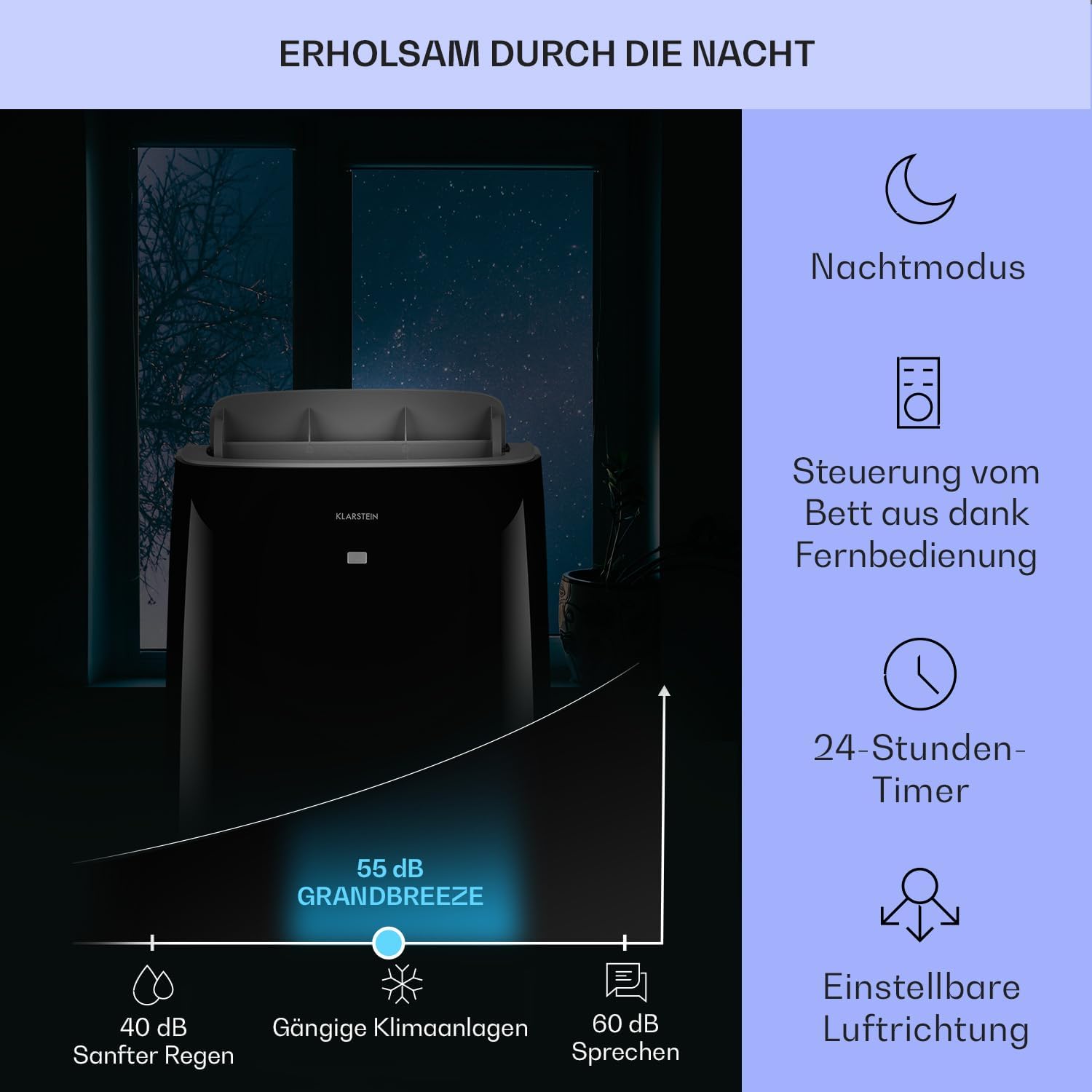 Klarstein Mobiele Airconditioner met Afvoerslang, 4-in-1 Airco, Ventilator, Luchtontvochtiger & Nachtmodus, Kleine & Draagbare Airco voor Thuis & Kantoor, Laag Verbruik, 14000BTU