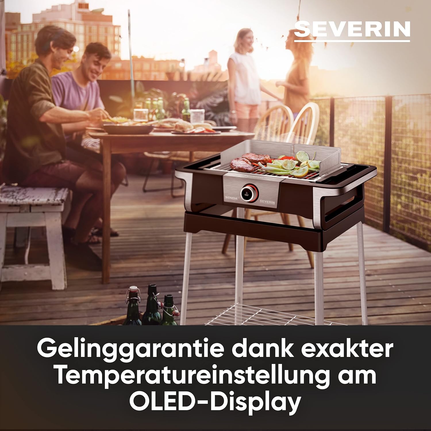 SEVERIN SENOA DigitalBOOST S elektrische barbecue met onderstel, staande barbecue met snelle start tot 500 °C, balkonbarbecue met SafeTouch-oppervlak, RVS/zwart, PG 8118