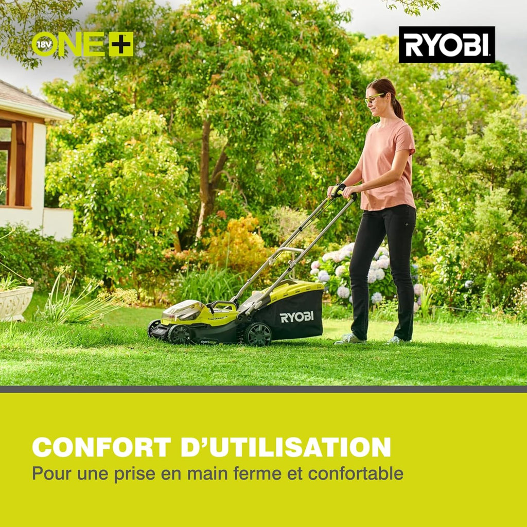 RYOBI 18 V ONE+ Accu-grasmaaier RLM18X33B40 (snijbreedte 33 cm, 5-voudige hoogteverstelling 25-65 mm, inklapbare duwbeugel, incl. mulchplug, 35l grasvangzak, 4,0Ah accu & lader)