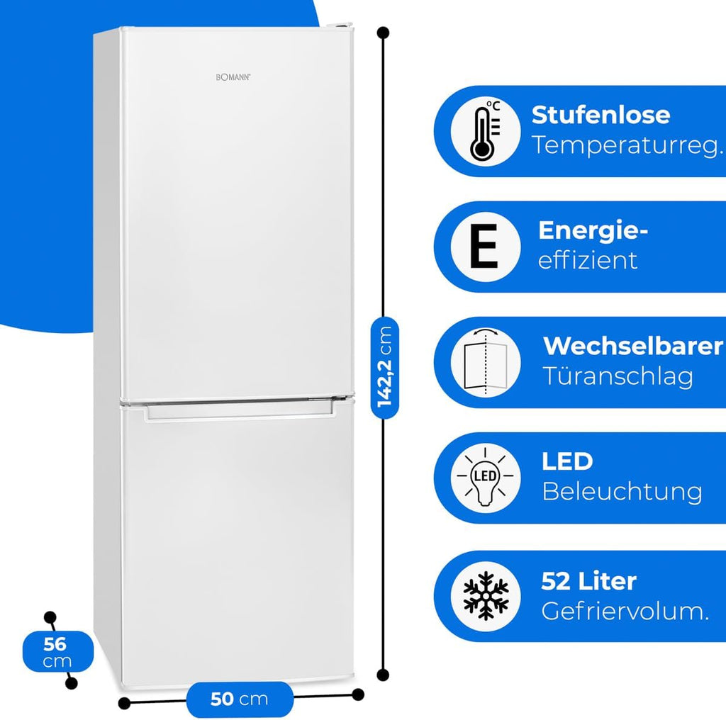Bomann® Koelkast met vriesvak 143 cm hoog | Koelvriescombinatie 173L met 3 plateaus & 3 laden | Deurrichting omkeerbaar | stille koelvriescombinatie 40dB | Koelkast | KG 7331 inox