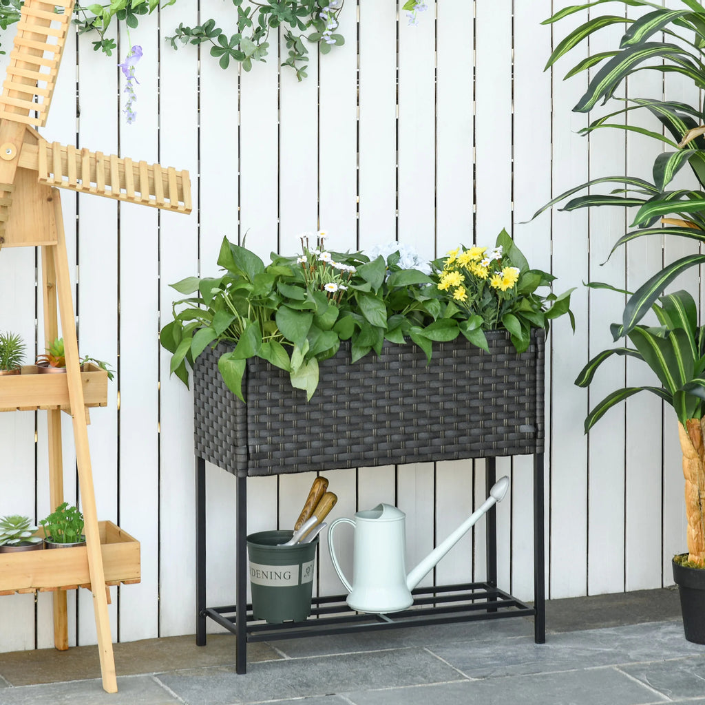 Outsunny Verhoogde moestuin plantenbak rugvriendelijk met plank polyrotan