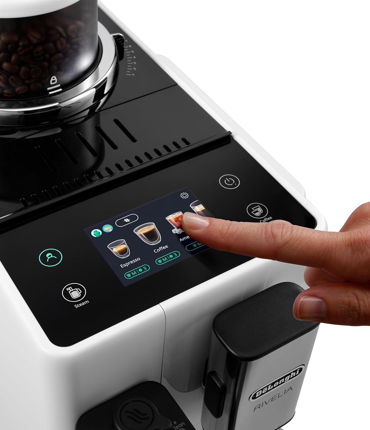 De'Longhi Rivelia EXAM440.55.W volautomatische espressomachine met LatteCrema-melksysteem, verwisselbaar bonenreservoir, 16 koffie- en melkdranken met één druk op de knop, Extra-Shot-functie, 3,5 inch touchscreen, wit