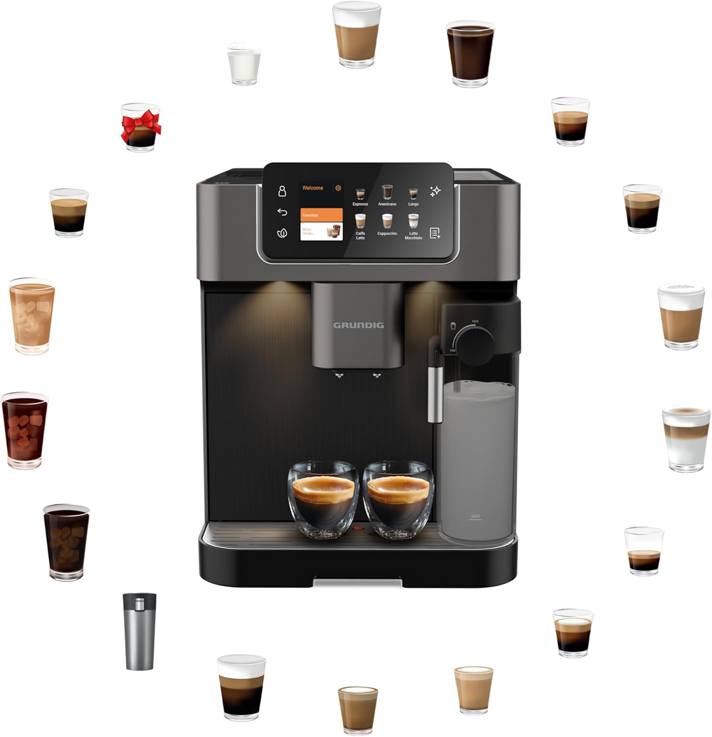 GRUNDIG KVA 7230 volautomatische koffiemachine, 10 koffiespecialiteiten, 13 maalfijnheden, melkreservoir, krachtig 1350 W, 19 bar pompdruk, dubbele uitloop, verlichting, Zwart/Donkerzilver