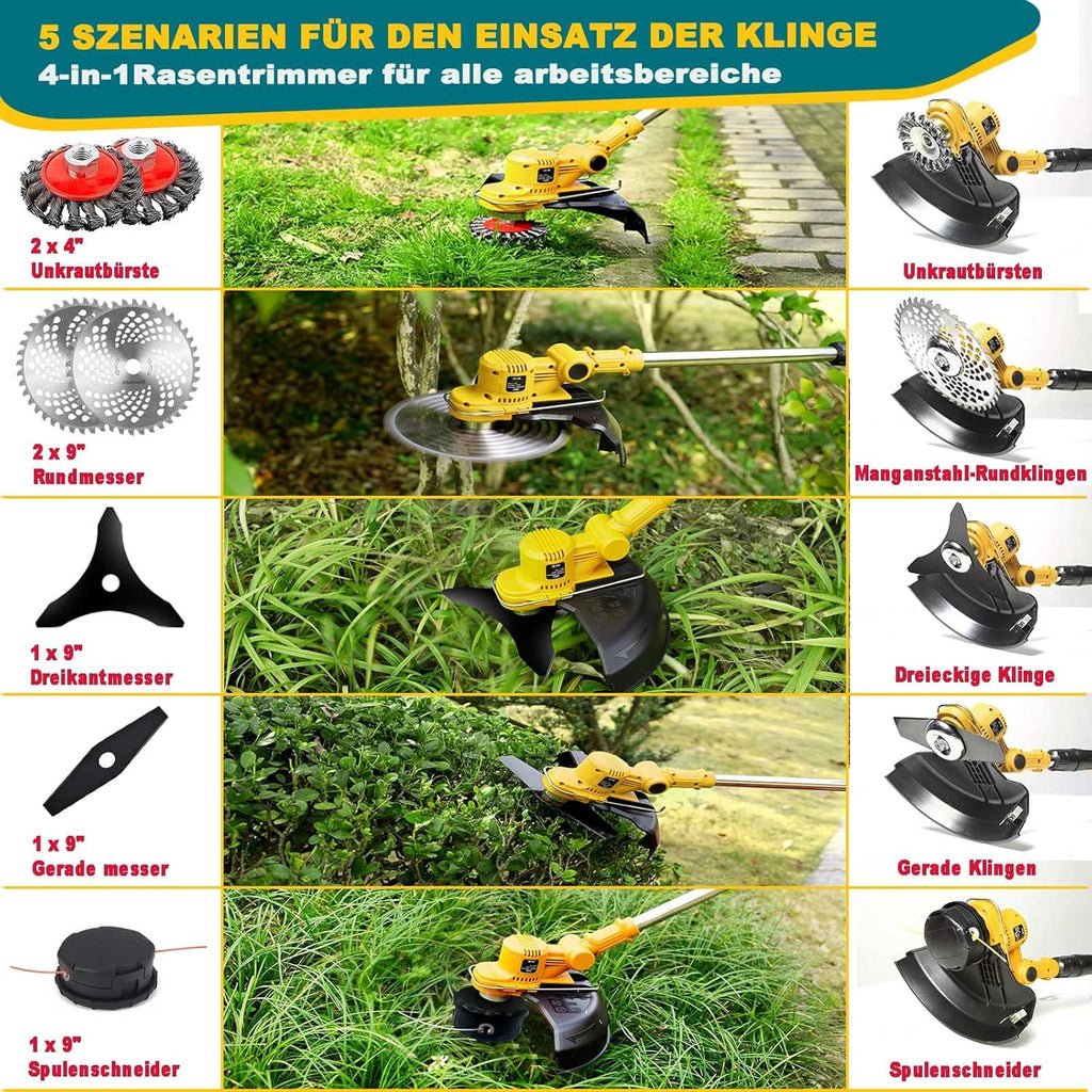 Accu grastrimmer met accu en onkruidborstel, grastrimmer op accu met 5 soorten messen, 21 V borstelloze bosmaaier op accu, met 2 accu's 4.0Ah voor het trimmen in de tuin (Grijs)