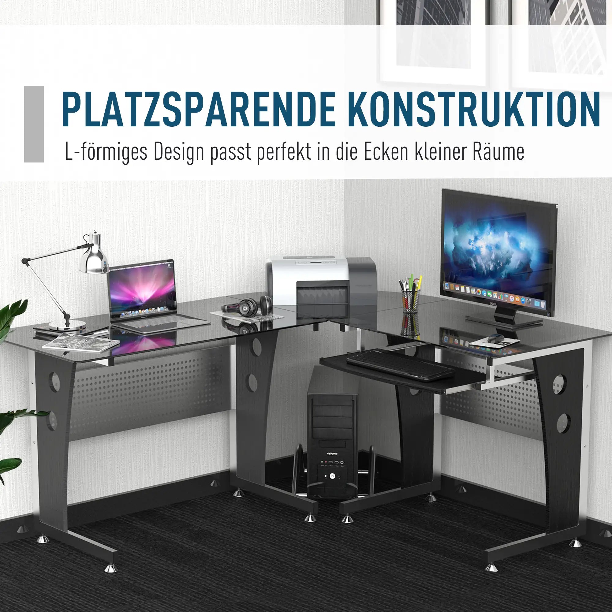HOMCOM Hoekbureau L-vorm met Toetsenbordlade & PC-toren-houder