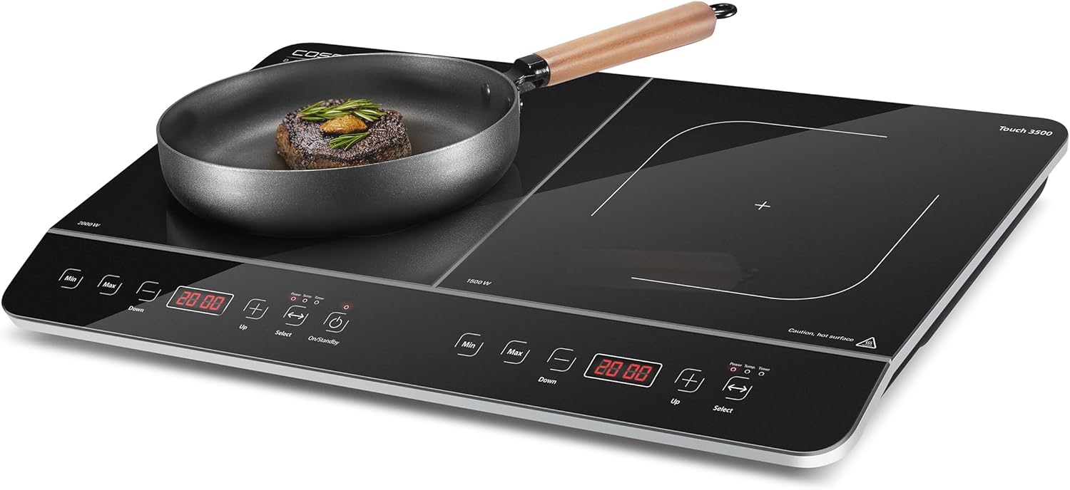 CASO Touch 3500 dubbele mobiele inductiekookplaat, veiligheidsschakelaar, 60-240°C, 6 standen, timer 180 min., pannen tot 26 cm, 3500 watt, glaskeramiek