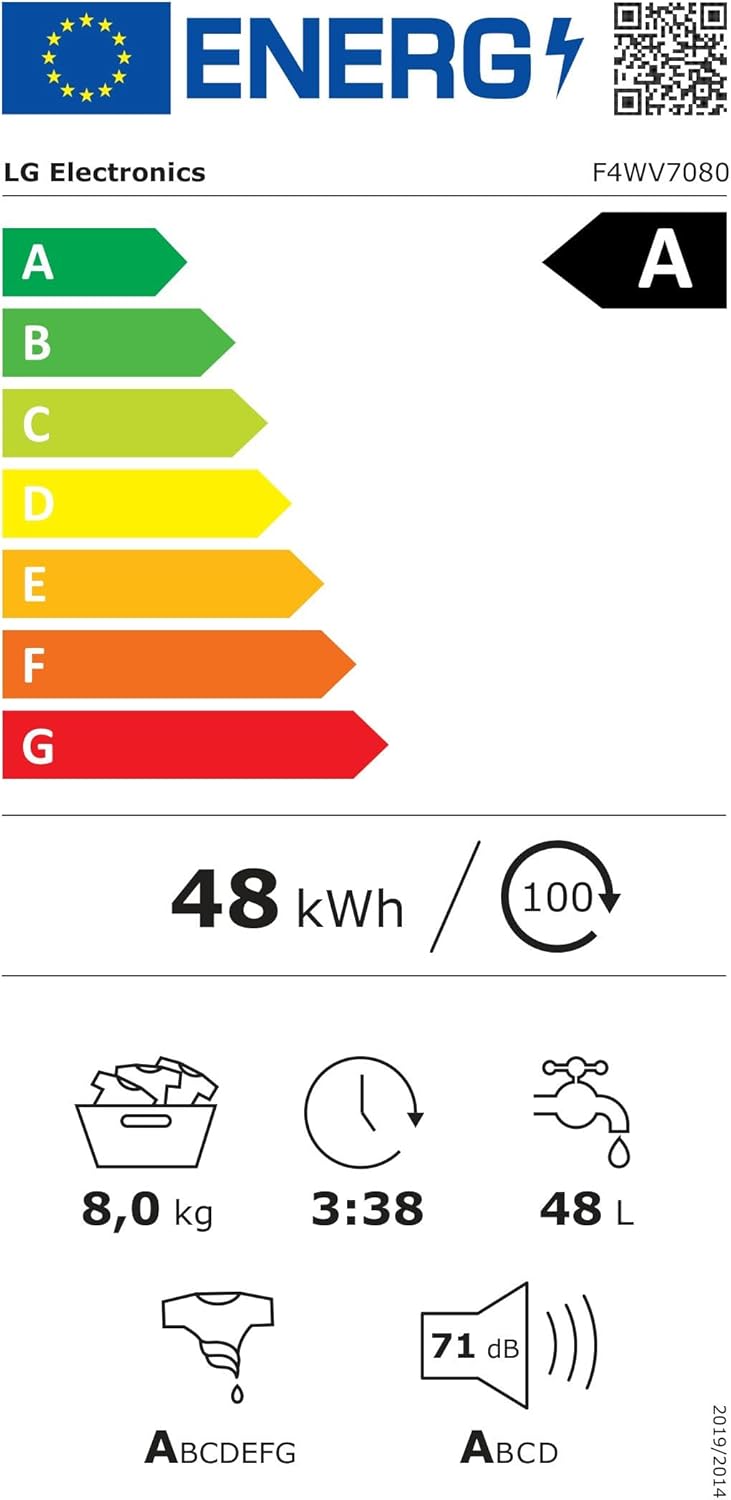 LG F4WV7080, Klasse A, Voorlader Wasmachine 8 kg, 1400 tpm, AI Direct Drive, Wi-Fi, Dieptereiniging met Stoom, Grote Capaciteit, TRIPLE A, Veiligheidsglas Buitendeur, 62 x 60 x 85 cm ꟷ Wit