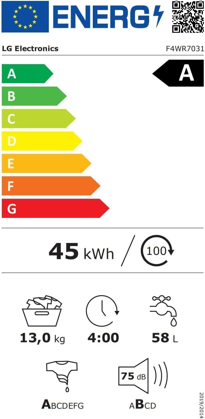 LG F4WV7080, Klasse A, Voorlader Wasmachine 8 kg, 1400 tpm, AI Direct Drive, Wi-Fi, Dieptereiniging met Stoom, Grote Capaciteit, TRIPLE A, Veiligheidsglas Buitendeur, 62 x 60 x 85 cm ꟷ Wit