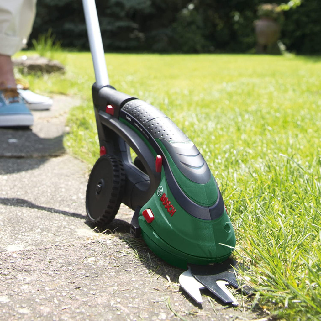 Bosch accugrasscharenset Isio (3,6 volt, meslengte 12 cm, mesafstand 8 mm, inclusief XL-tuinhandschoenen, in softcase) – Amazon Edition