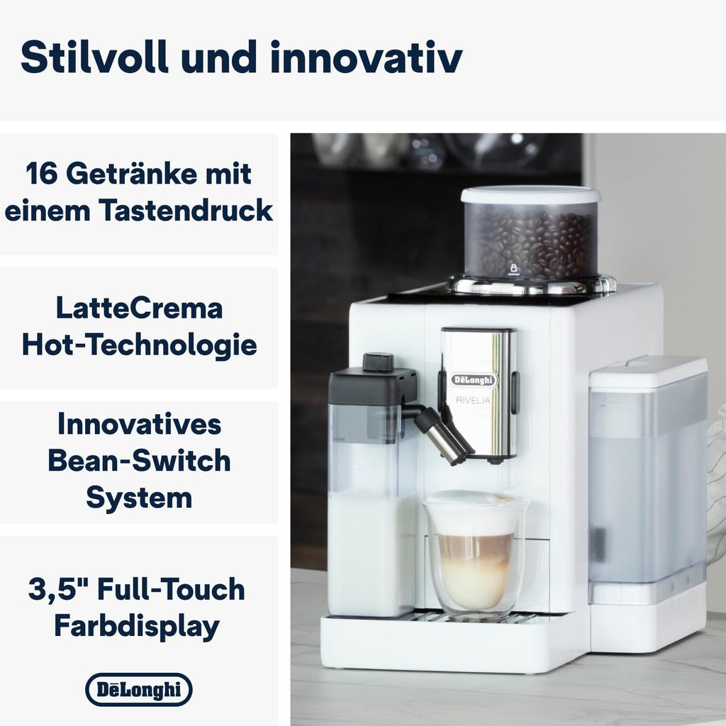 De'Longhi Rivelia EXAM440.55.W volautomatische espressomachine met LatteCrema-melksysteem, verwisselbaar bonenreservoir, 16 koffie- en melkdranken met één druk op de knop, Extra-Shot-functie, 3,5 inch touchscreen, wit