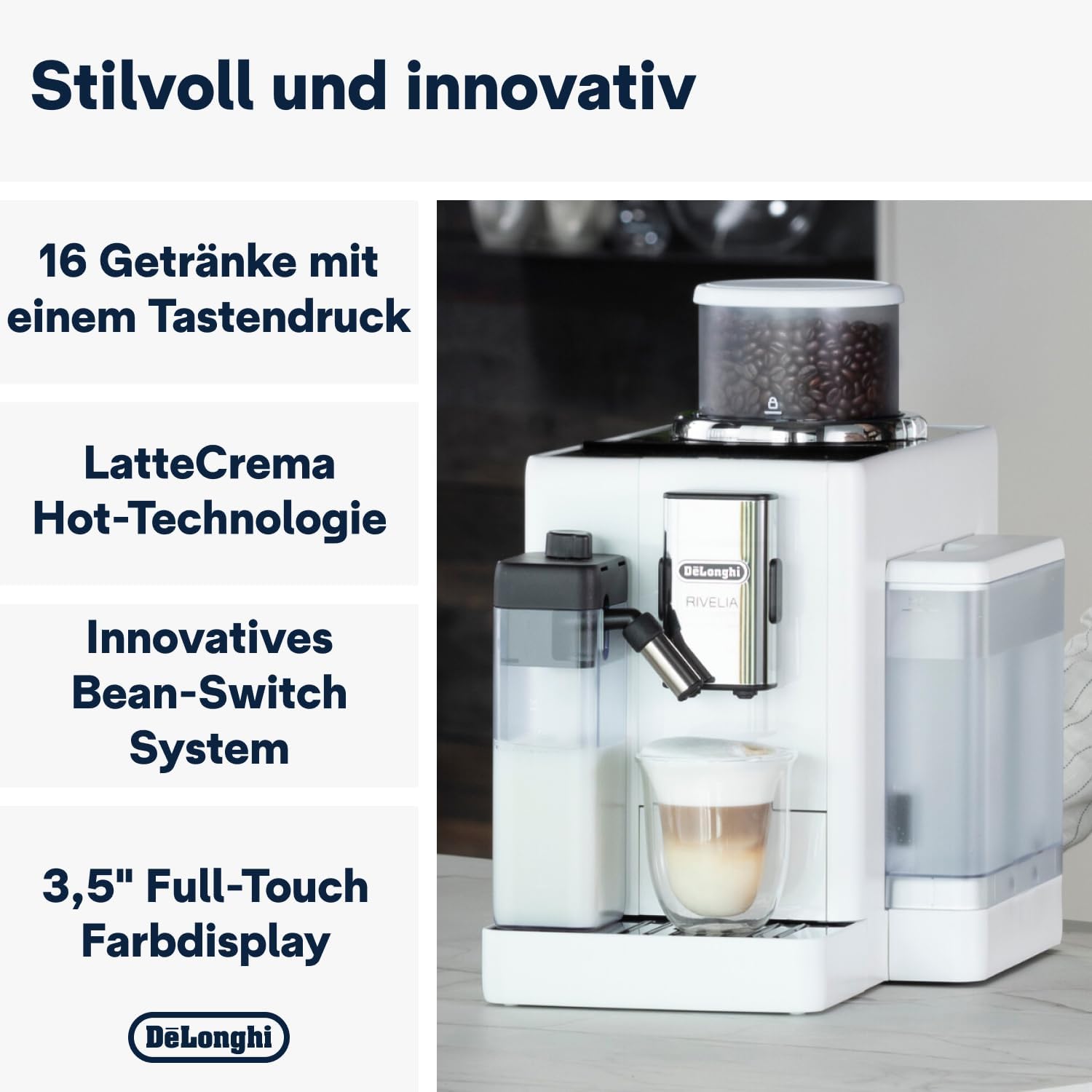 De'Longhi Rivelia EXAM440.55.W volautomatische espressomachine met LatteCrema-melksysteem, verwisselbaar bonenreservoir, 16 koffie- en melkdranken met één druk op de knop, Extra-Shot-functie, 3,5 inch touchscreen, wit