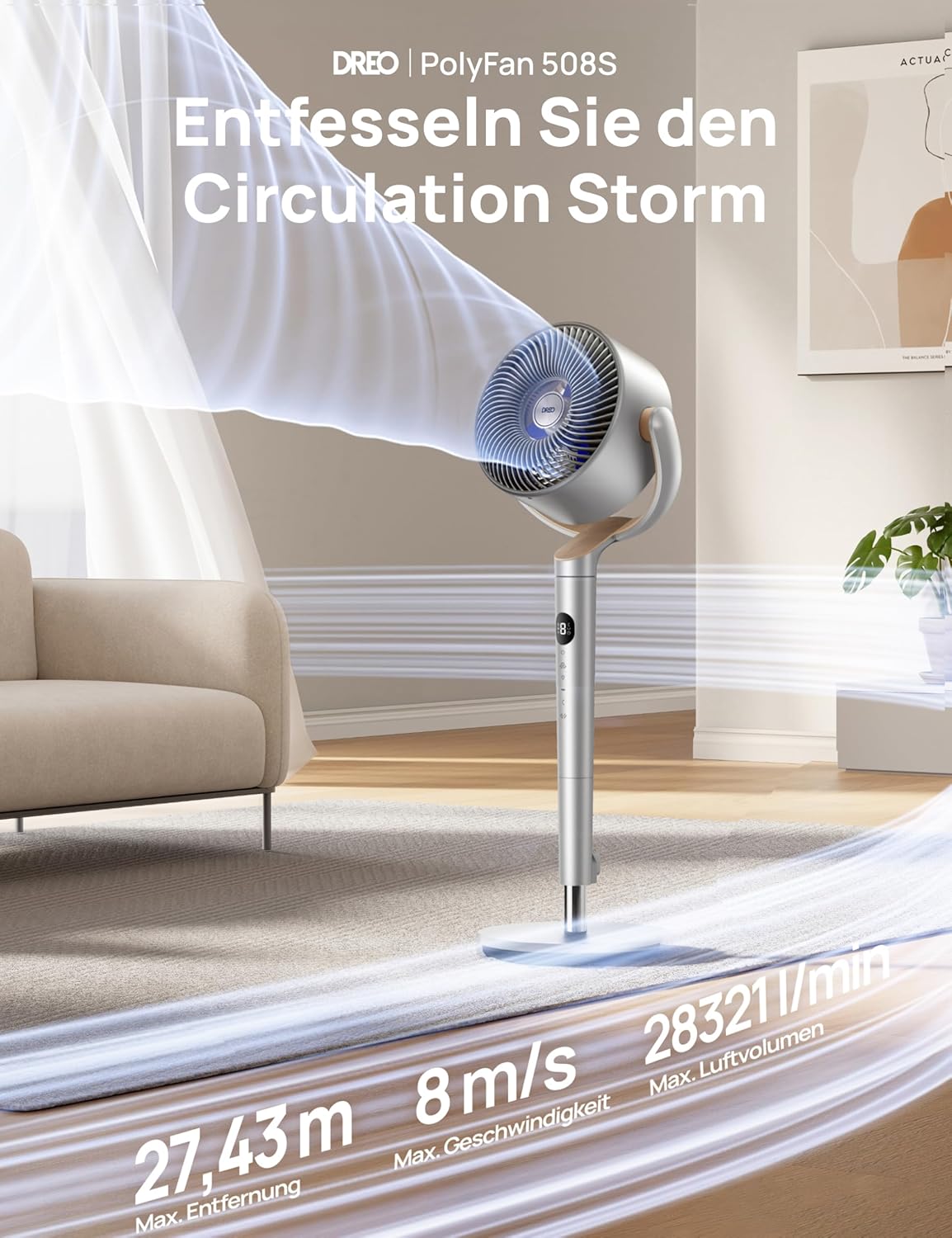 Dreo Slimme Staande Ventilator met RGB-licht, 120° +120° Oscillerende Ventilator met Afstandsbediening, 20dB Stille Vloerventilator voor Slaapkamer, 8H Timer, Zilver