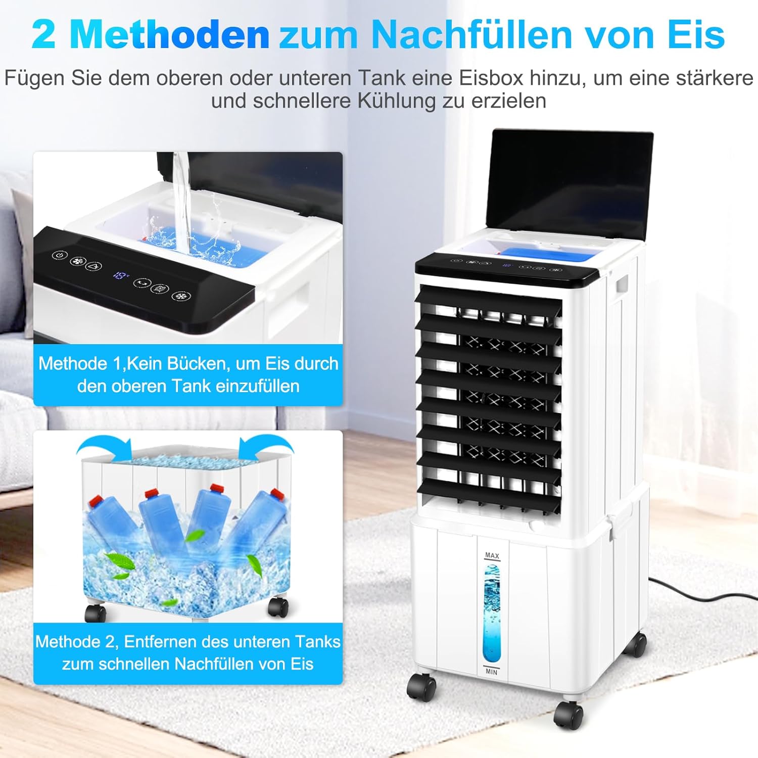 Airconditioner zonder afvoerslang, 12L 60W Mobiele Airconditioner met 12H Timer, 3 Modi, 40dB, 120° Oscillatie, Afneembare Watertank, Afstandsbediening, Stille Luchtkoeler Air Conditioner voor Woning Kamer Ruimtes