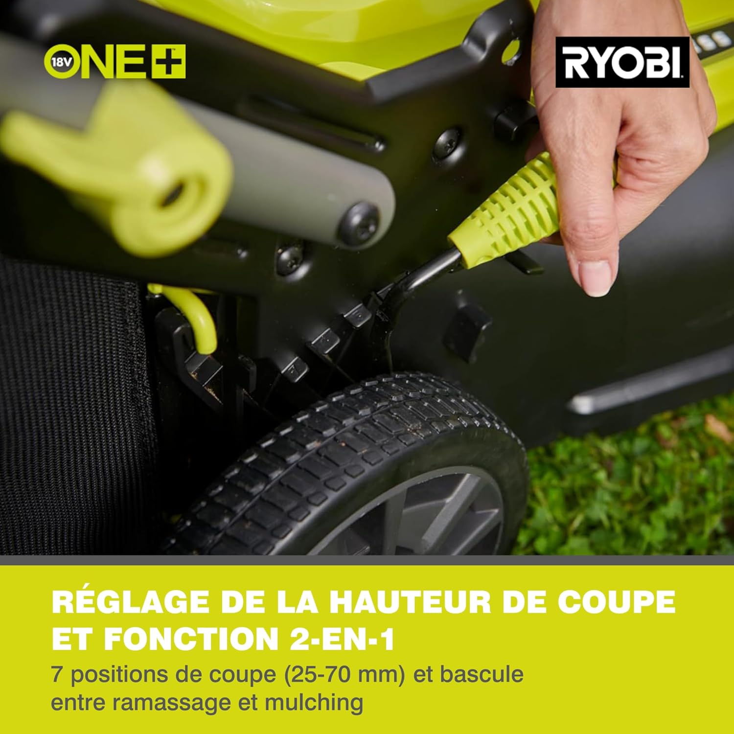 RYOBI 18 V ONE+ Accu-grasmaaier RLM18X33B40 (snijbreedte 33 cm, 5-voudige hoogteverstelling 25-65 mm, inklapbare duwbeugel, incl. mulchplug, 35l grasvangzak, 4,0Ah accu & lader)