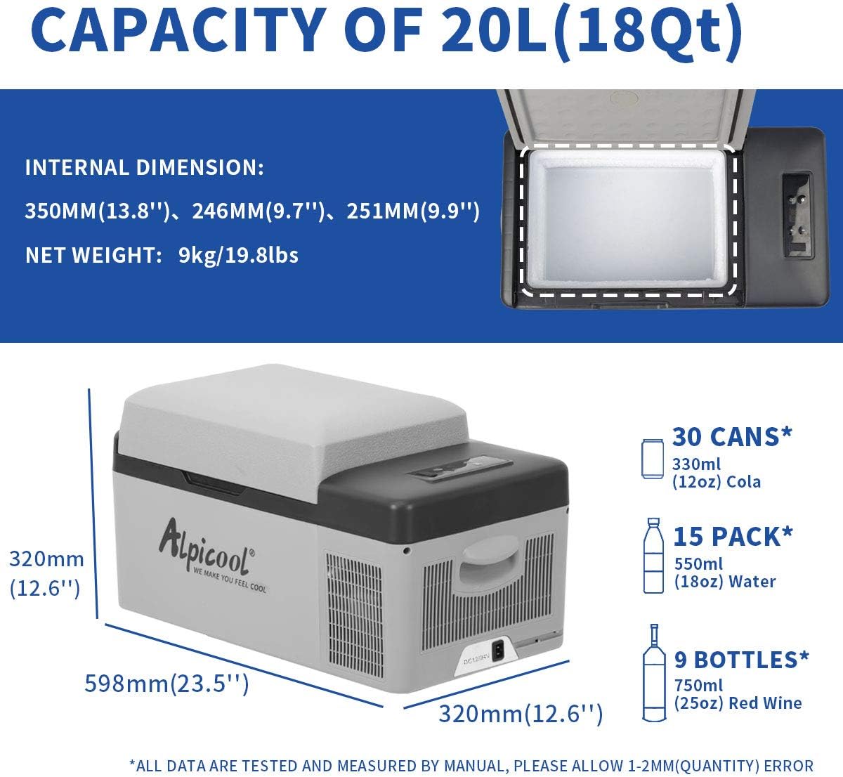 Alpicool C12 12L koelbox 12 V mini koelkast elektrische compressor auto koelkast camping vriezer kleine draagbare voor auto, vrachtwagen, boot, camper met USB-aansluiting