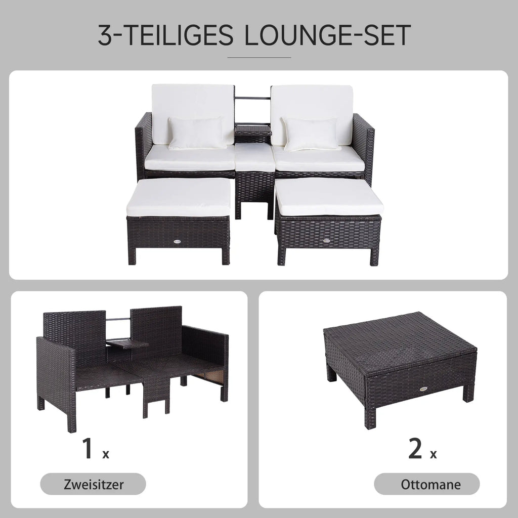 Outsunny polyrattan tuinset 3-delig met poef kussens outdoor
