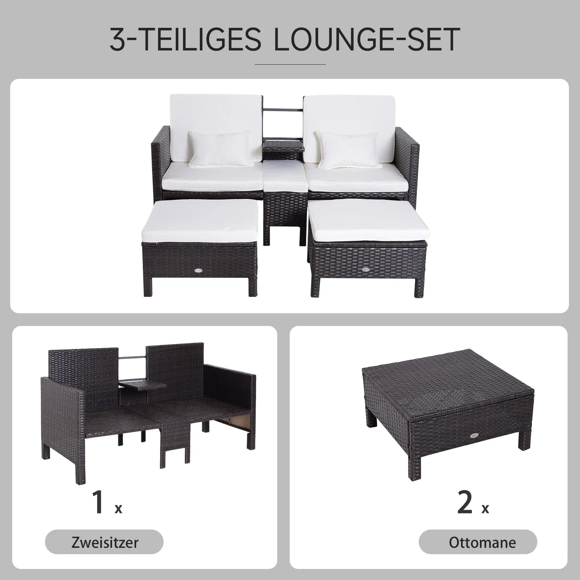 Outsunny polyrattan tuinset 3-delig met poef kussens outdoor