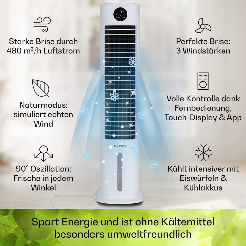 Klarstein Luchtkoeler met Waterkoeling, 5-in-1 Verdampingskoeler, Luchtbevochtiger, Ventilator & Luchtreiniger, Mobiele Airconditioner Luchtkoeler met App-Bediening, 80W Air Cooler, 462m³/h Luchtstroom, Wit