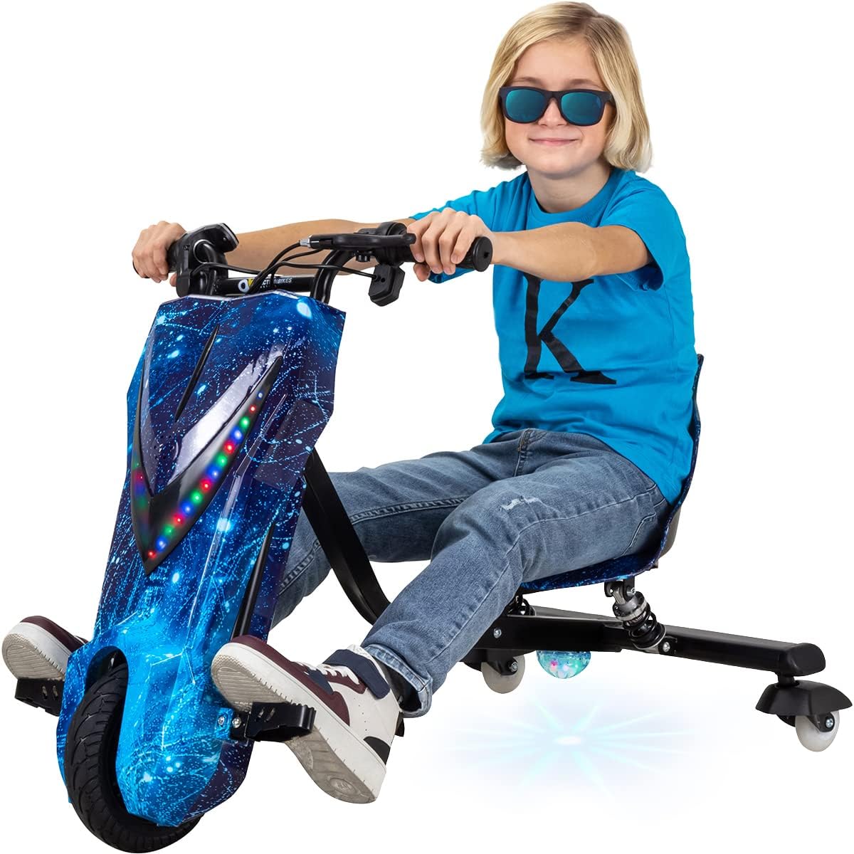 Actionbikes Motors Kinder elektrische driftscooter | 𝟐𝟓𝟎 Watt Motor - Drift Cart 360°- 3 snelheidsniveaus - LED-verlichting - Verstelbare stoel - Bluetooth - Drift Kart - Drift Auto (Space Purple)