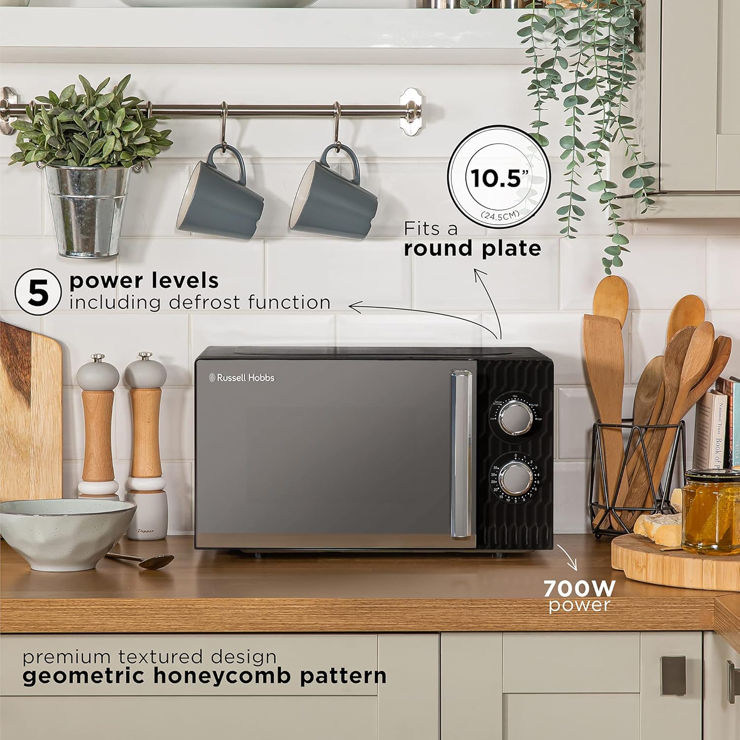 Russell Hobbs Honeycomb RHMM715G 17 liter 700 W grijs solo handmatige magnetron met 5 standen, geïntegreerde timer en ontdooifunctie