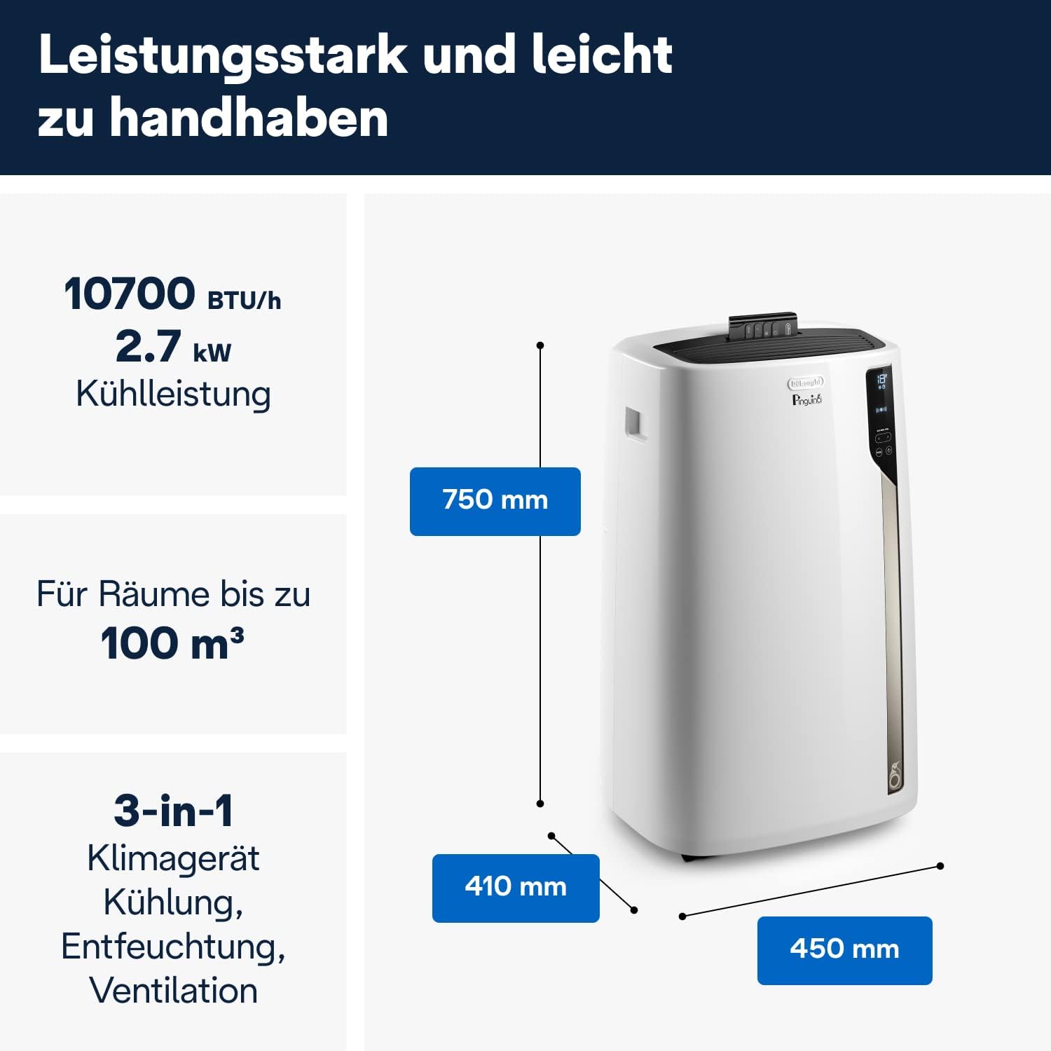 De'Longhi Pinguino PAC EM82, Mobiele airconditioner voor ruimtes tot 80 m, 9.400 BTU, 2,4 kW, 63 dB, Ontvochtigingsfunctie, Energieklasse A, 24-uurs timer, Wit