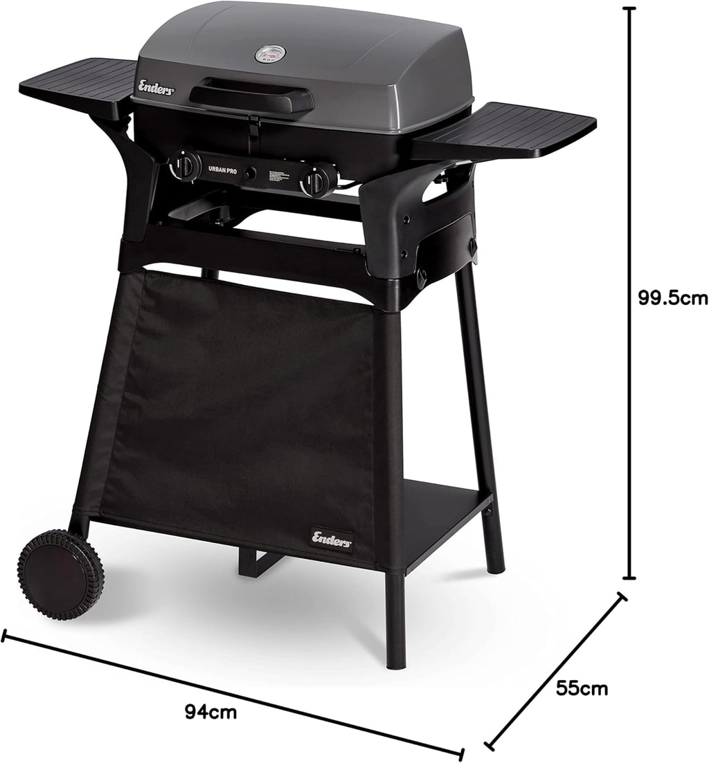 Enders Gasbarbecue Urban II Pro, tafelbarbecue, grill-, kook- en bakfunctie, 2 branders RVS, met grillthermometer, balkon-, campingbarbecue, gegoten aluminium behuizing, gietijzeren rooster, #2062