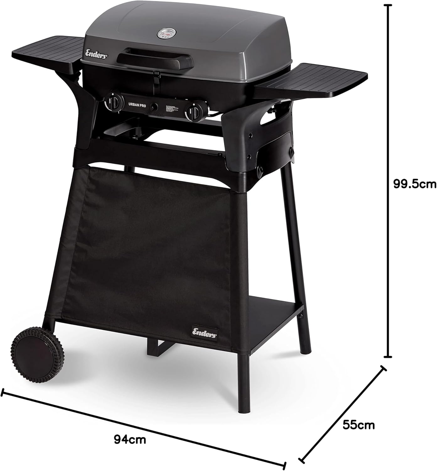 Enders Gasbarbecue Urban II Pro, tafelbarbecue, grill-, kook- en bakfunctie, 2 branders RVS, met grillthermometer, balkon-, campingbarbecue, gegoten aluminium behuizing, gietijzeren rooster, #2062