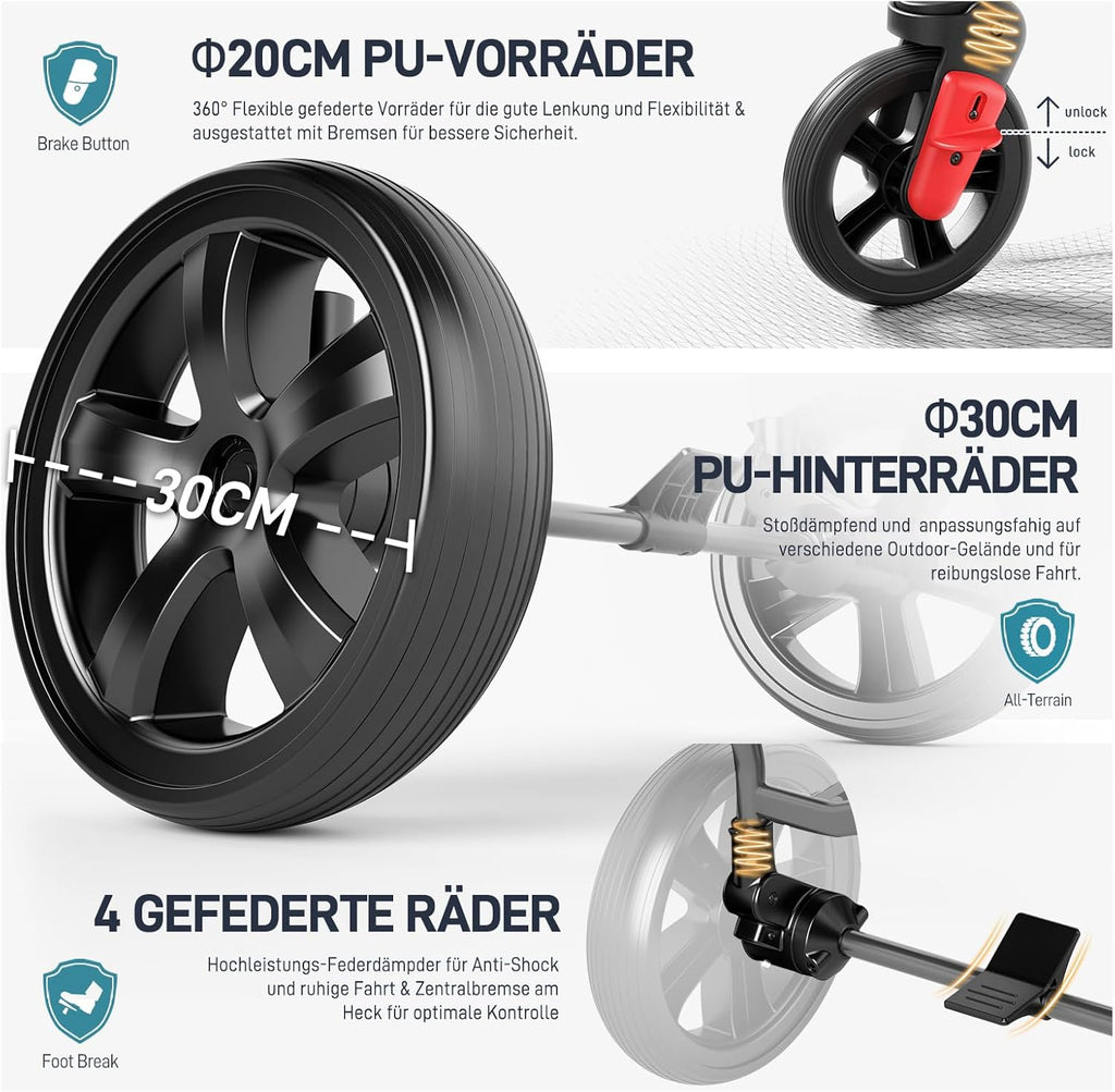 EVER ADVANCED Bolderkar voor 2 kinderen Opvouwbaar met dak, kinderwagen 2x5-punts veiligheidsgordel met luiertas, bolderkar met zitje, handwagen transportwagen, trekken & duwen, voetrem