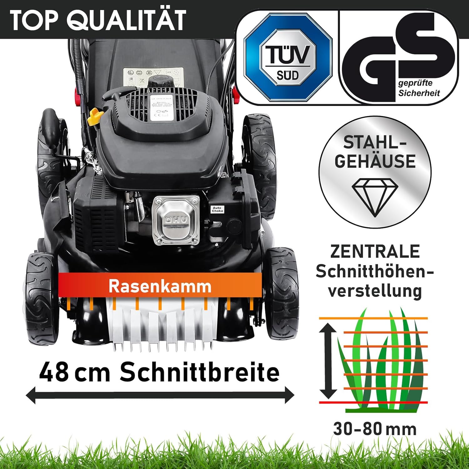 BRAST Benzin grasmaaier met aandrijving | 5,2kW(7PK) | elektrische start | 48cm snijbreedte | vele modellen | TÜV | 4-takt OHV motor | 30-80mm maaihoogte | 60L opvangbak | stalen behuizing | 19224 ESTART Speed