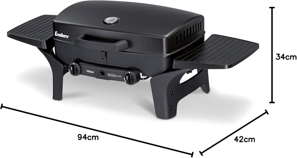 Enders Gasbarbecue Urban II Pro, tafelbarbecue, grill-, kook- en bakfunctie, 2 branders RVS, met grillthermometer, balkon-, campingbarbecue, gegoten aluminium behuizing, gietijzeren rooster, #2062