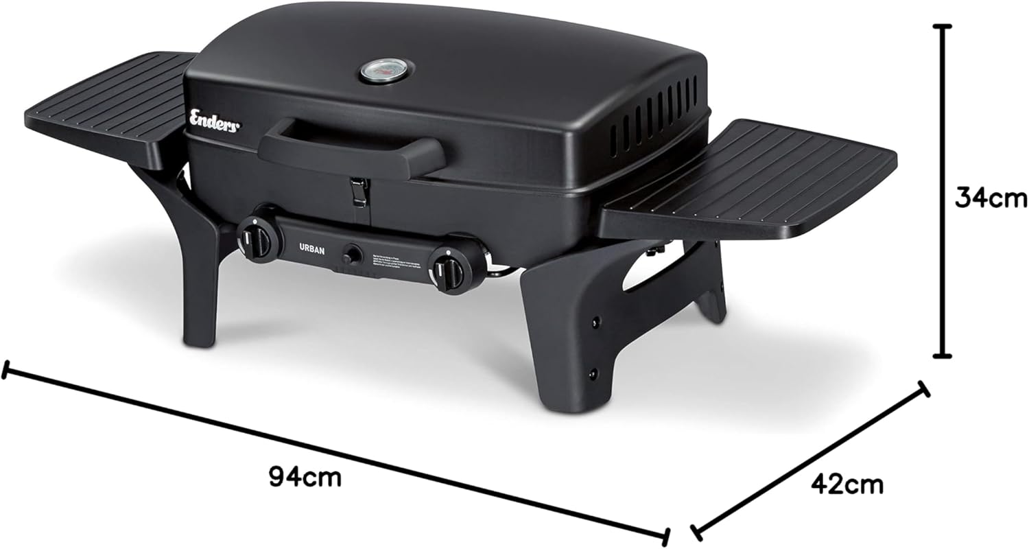 Enders Gasbarbecue Urban II Pro, tafelbarbecue, grill-, kook- en bakfunctie, 2 branders RVS, met grillthermometer, balkon-, campingbarbecue, gegoten aluminium behuizing, gietijzeren rooster, #2062