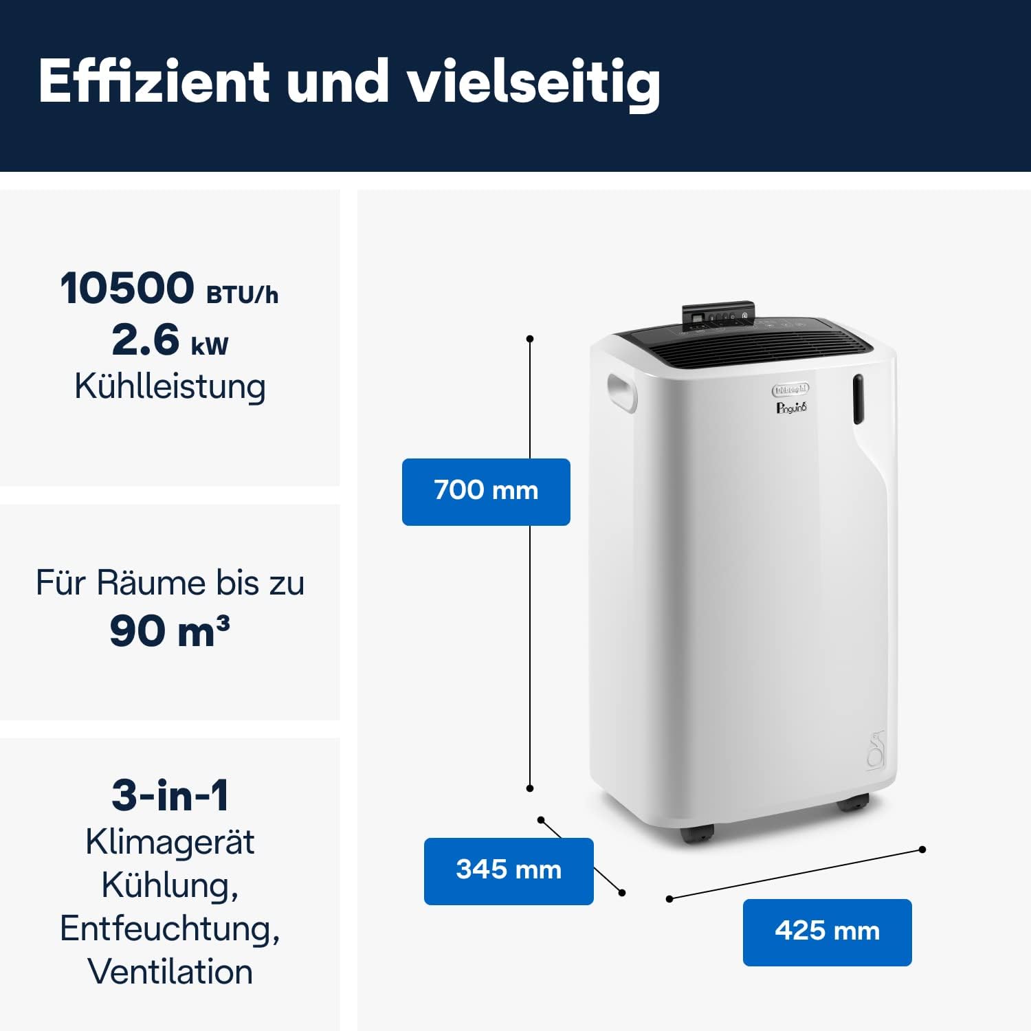 De'Longhi Pinguino PAC EM93 Silent, mobiele airconditioner voor ruimtes tot 90 m³, 10.500 BTU/u, 2,6 kW, 63 dB, ontvochtigingsfunctie, energieklasse A, 24-uurs timer, wit