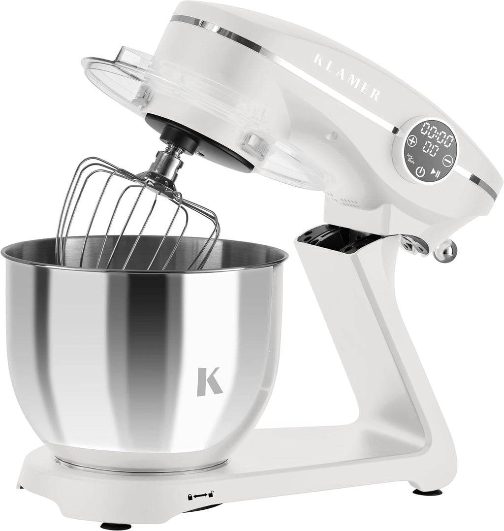 KLAMER Keukenmachine 1800W, Kneedmachine met 6 Liter RVS Kom, 10 Snelheidsstanden met Timer, Klopper, Deeghaak, Garde en Spatdeksel