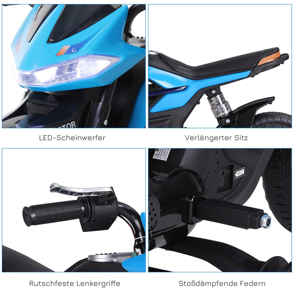 HOMCOM Kindermotorfiets Elektrisch voertuig met licht, muziek en zijwieltjes Blauw