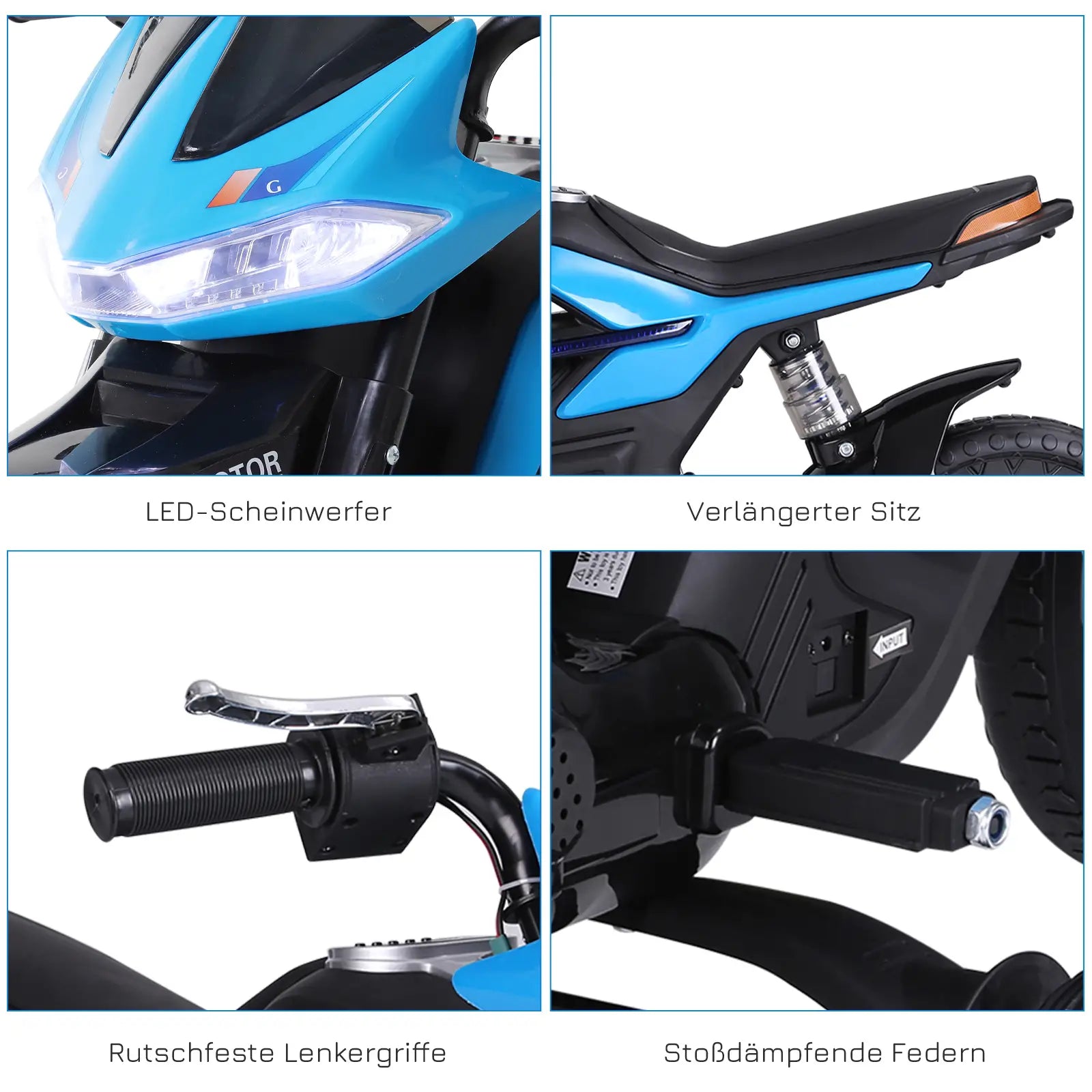 HOMCOM Kindermotorfiets Elektrisch voertuig met licht, muziek en zijwieltjes Blauw