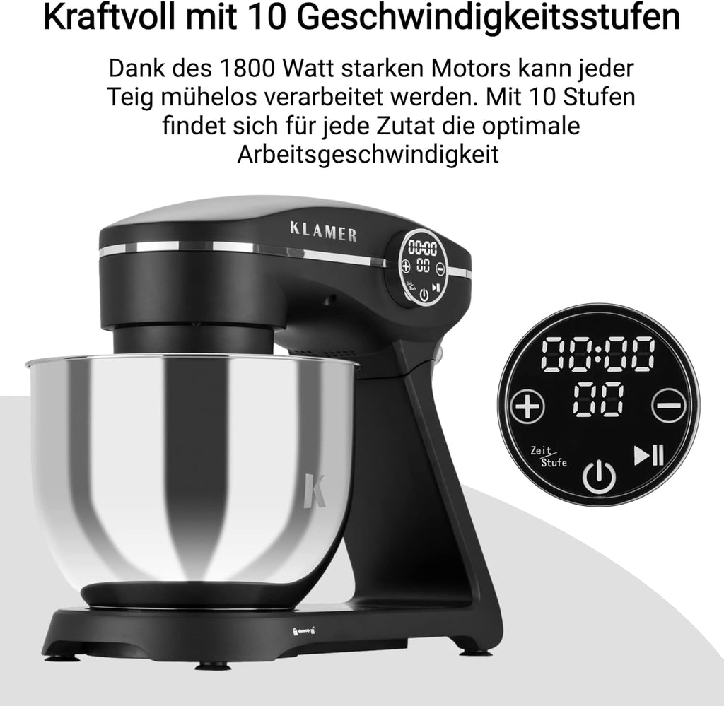 KLAMER Keukenmachine 1800W, Kneedmachine Brooddeeg met RVS Mengkom 6 L, 10 Snelheden met Timer, Planetaire Menging, Klopper, Deeghaak, Garde & Spatscherm (zwart)