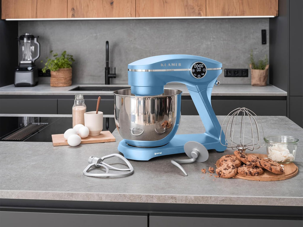 KLAMER Keukenmachine 1800W, Kneedmachine Brooddeeg met RVS Mengkom 6 L, 10 Snelheden met Timer, Planetaire Menging, Klopper, Deeghaak, Garde & Spatscherm (zwart)