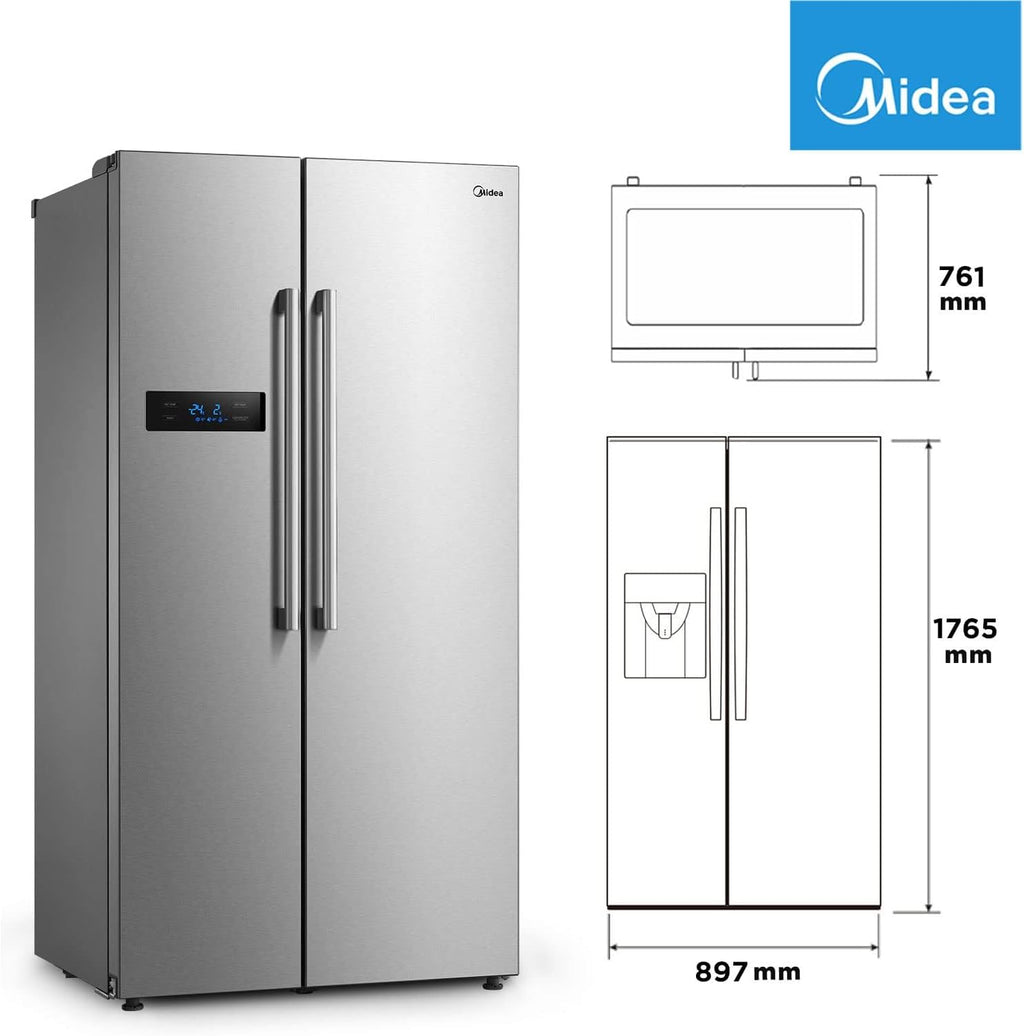 Midea KS-DDX 6.32 WT Amerikaanse koelkast/178,8 cm hoogte/254 kWh/jaar/No Frost/Dual Inverter Compressor/met 3-in-1 water-/ijsdispenser en watertank, Dark Inox